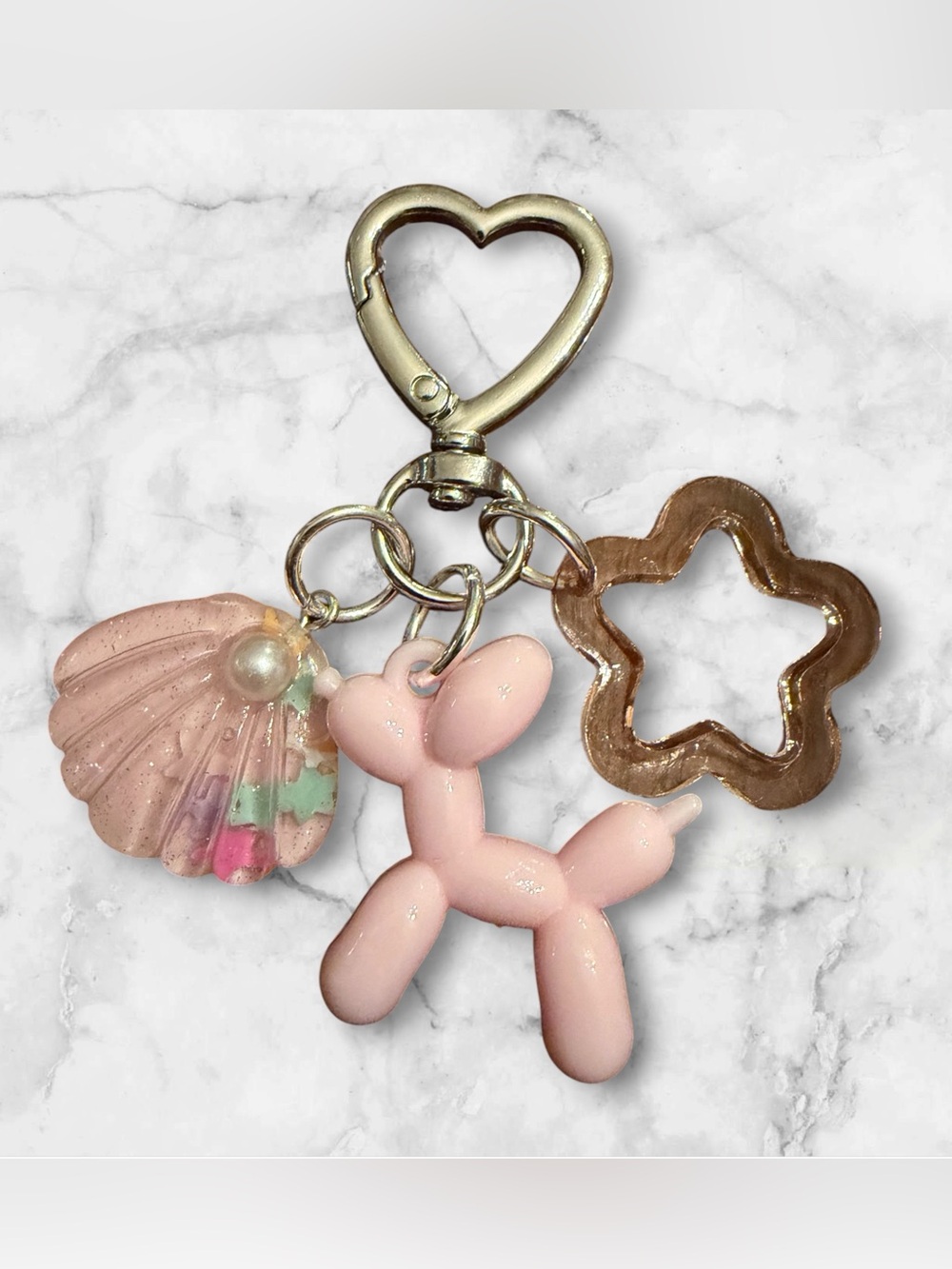Pink Balloon Dog Charm Key & Card Holder with Shell and Star Accents